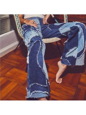 NEW Free People Stellar Blue Supernova Patchwork Wide Leg Jeans 26